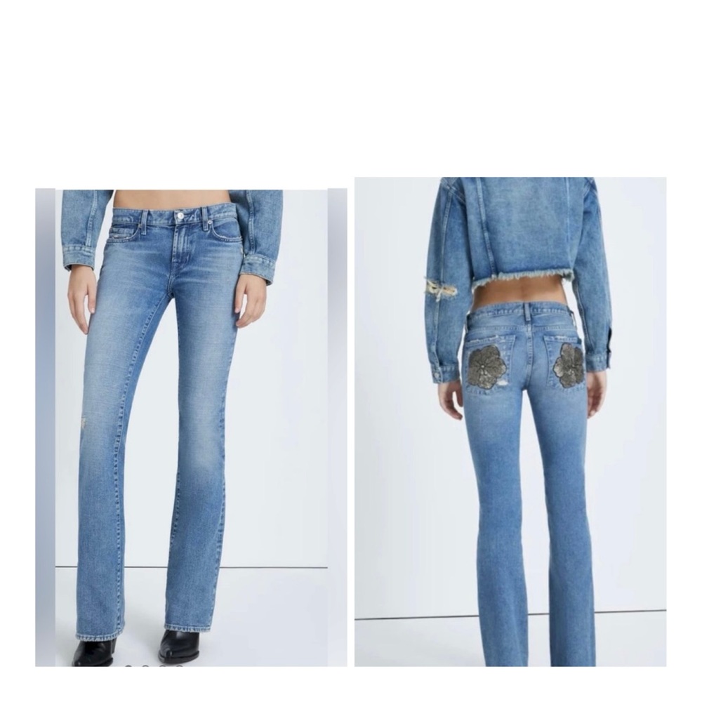 For All Mankind Low Rise Embellishment Floral Bootcut Blue Jeans Size 28 NWT